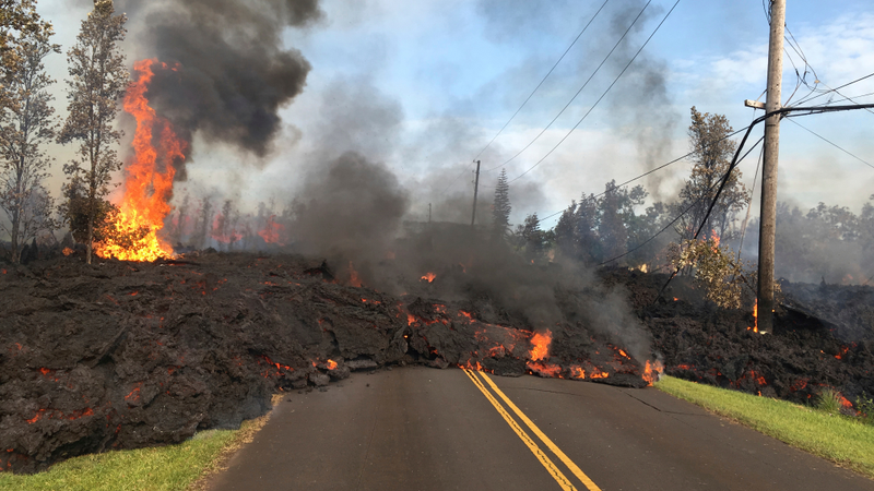 Lava flowing through Leilani Estates in Pahoa, Hawaii.